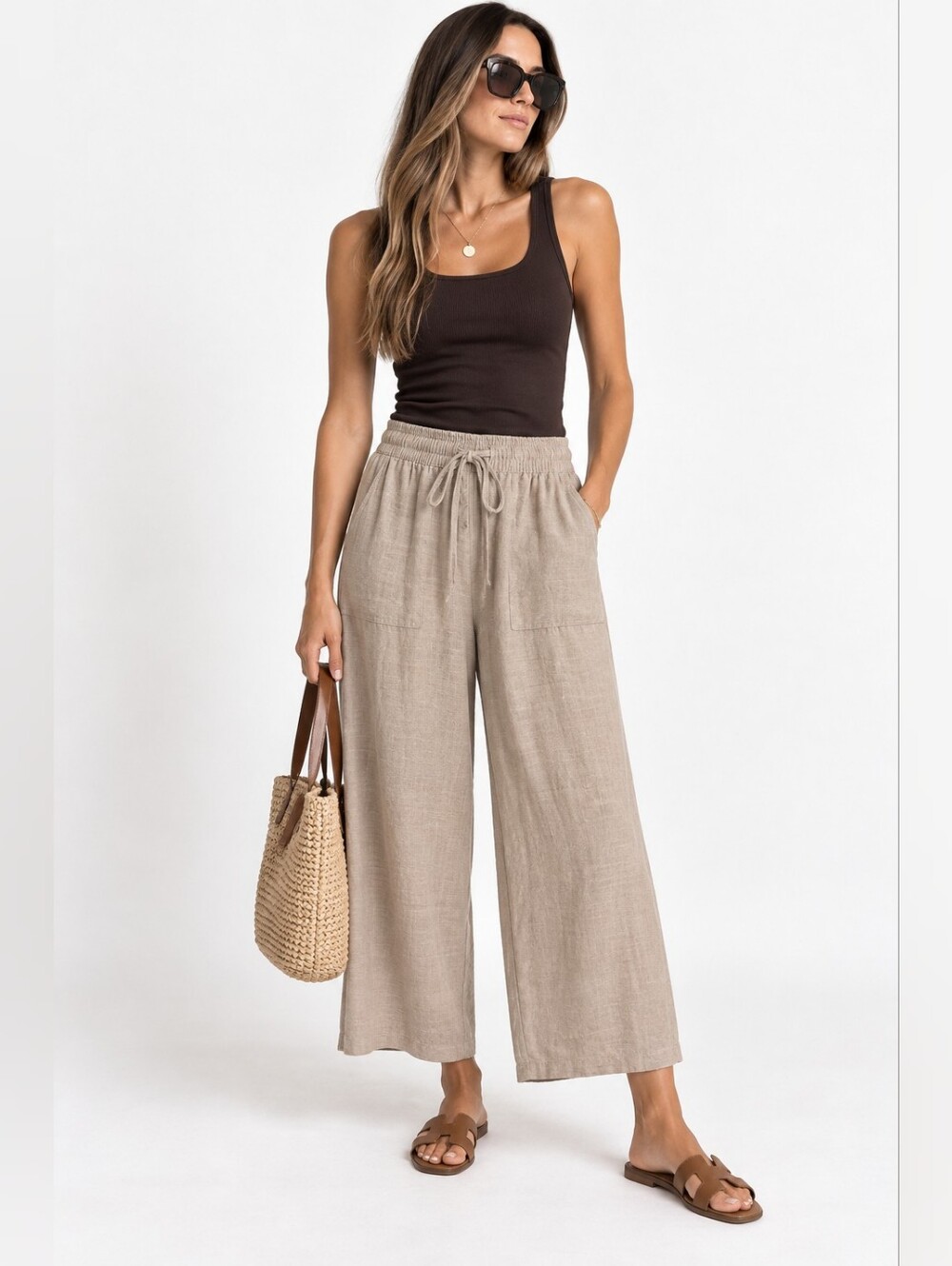 Cynthia Rowley Linen Blend Wide Leg Pants Beige Size M